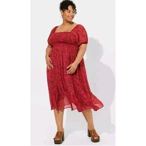 Torrid Midi Dress 4X Smocked Square Neck Chiffon Wedding Guest Flowy NWT